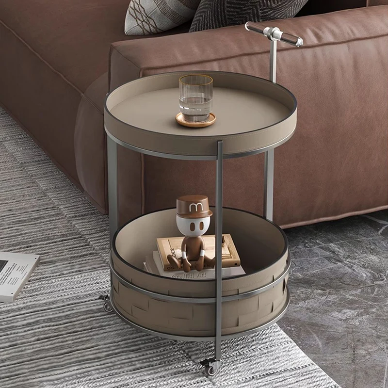 Rolling Round Saddle-Style Faux Leather Acrylic Side Table - Vintage Dual-Layer Storage Trolley With Stainless Steel Frame For Living Room