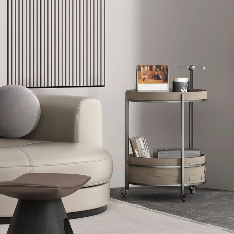 Rolling Round Saddle-Style Faux Leather Acrylic Side Table - Vintage Dual-Layer Storage Trolley With Stainless Steel Frame For Living Room
