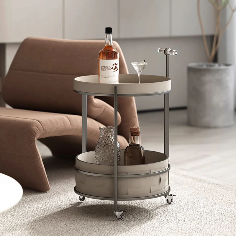 Rolling Round Saddle-Style Faux Leather Acrylic Side Table - Vintage Dual-Layer Storage Trolley With Stainless Steel Frame For Living Room
