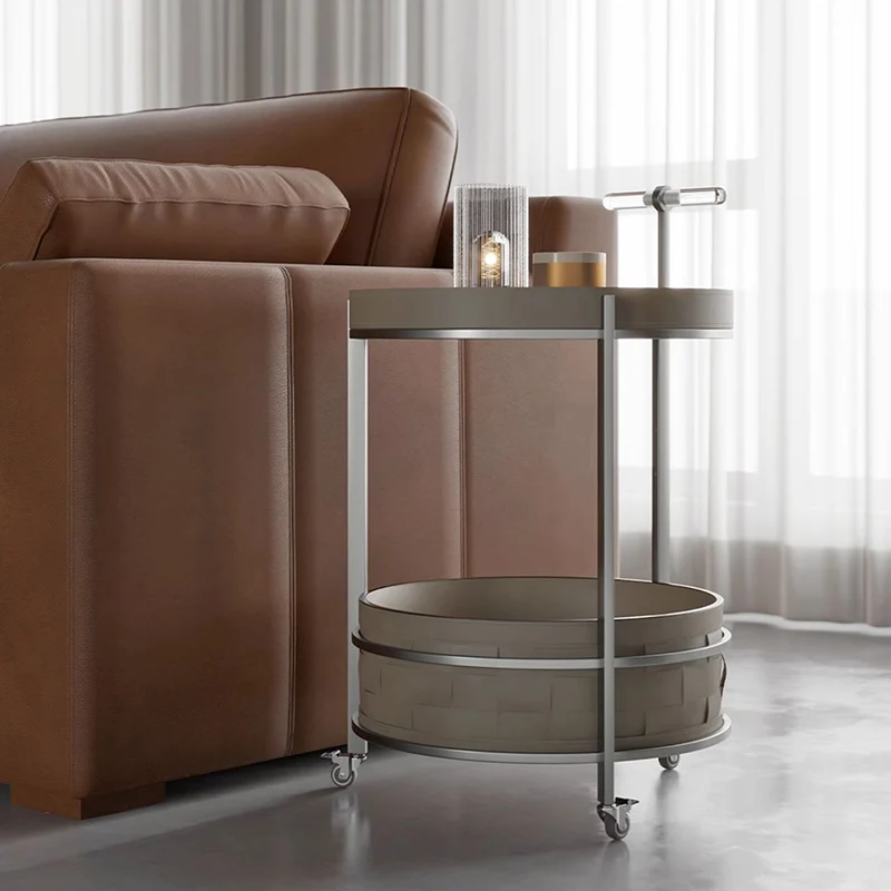Rolling Round Saddle-Style Faux Leather Acrylic Side Table - Vintage Dual-Layer Storage Trolley With Stainless Steel Frame For Living Room
