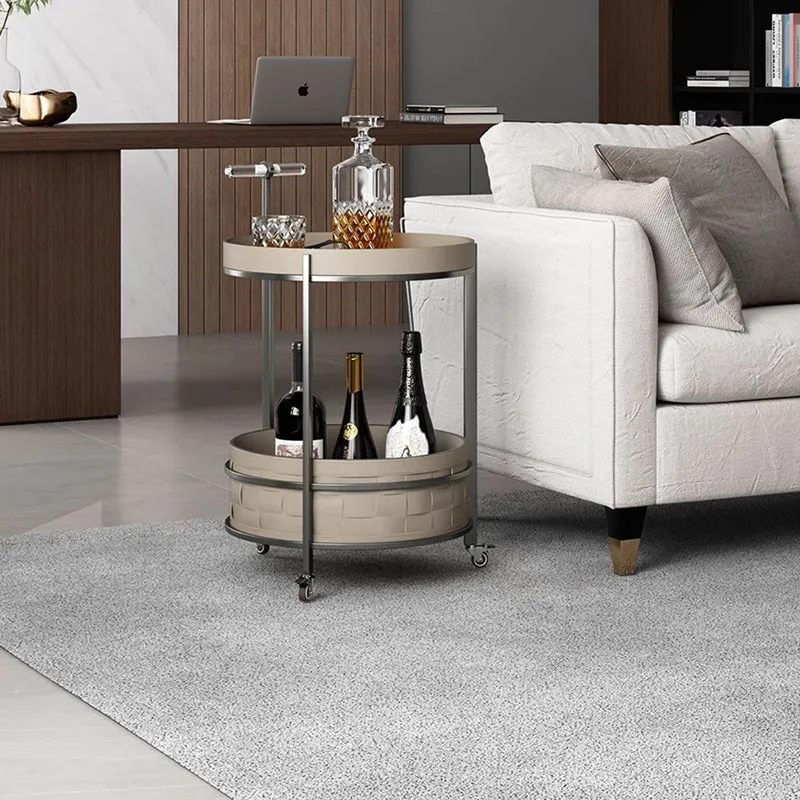 Rolling Round Saddle-Style Faux Leather Acrylic Side Table - Vintage Dual-Layer Storage Trolley With Stainless Steel Frame For Living Room