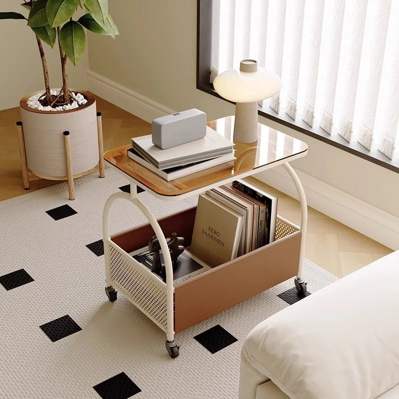 Modern Minimalist Tempered Glass Metal PU Leather Rounded Rectangle Side Table With 2-Tier For Living Room