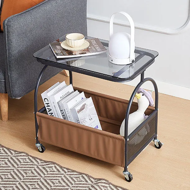 Modern Minimalist Tempered Glass Metal PU Leather Rounded Rectangle Side Table With 2-Tier For Living Room