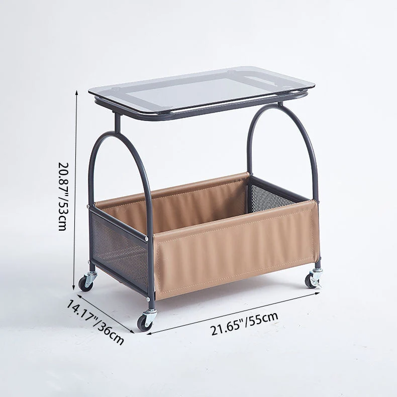 Modern Minimalist Tempered Glass Metal PU Leather Rounded Rectangle Side Table With 2-Tier For Living Room