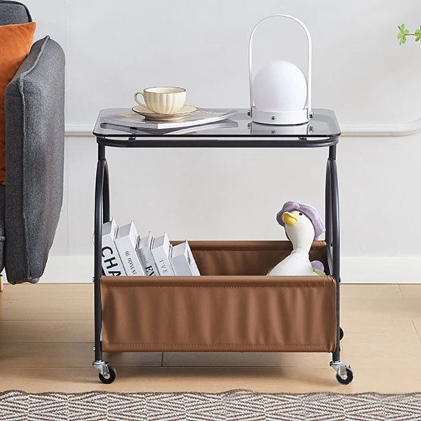 Modern Minimalist Tempered Glass Metal PU Leather Rounded Rectangle Side Table With 2-Tier For Living Room
