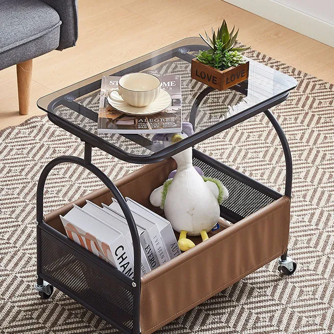 Modern Minimalist Tempered Glass Metal PU Leather Rounded Rectangle Side Table With 2-Tier For Living Room