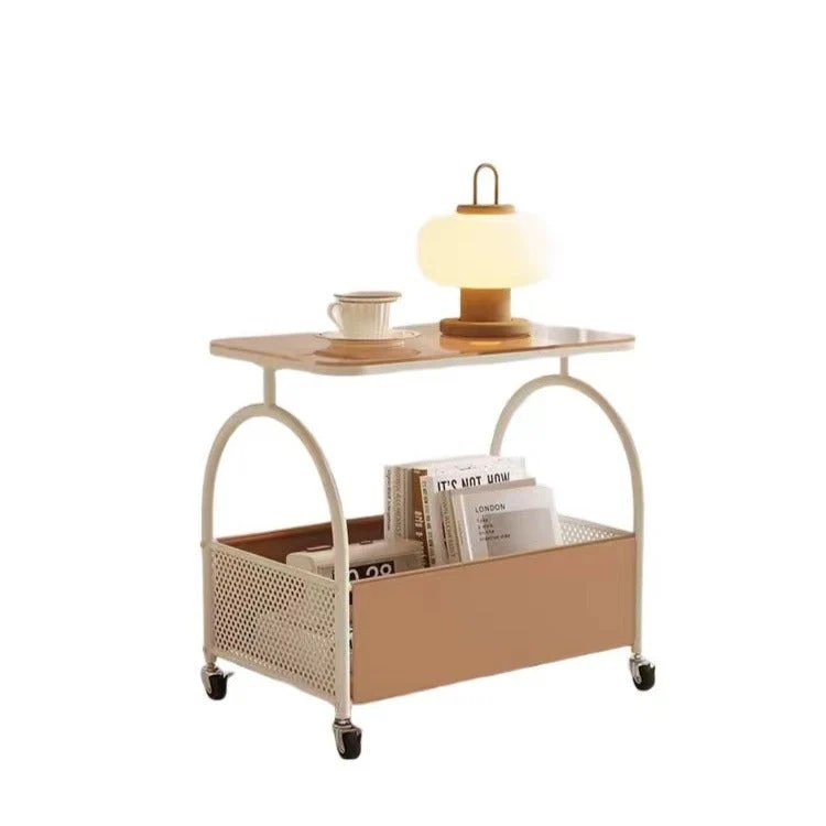 Modern Minimalist Tempered Glass Metal PU Leather Rounded Rectangle Side Table With 2-Tier For Living Room