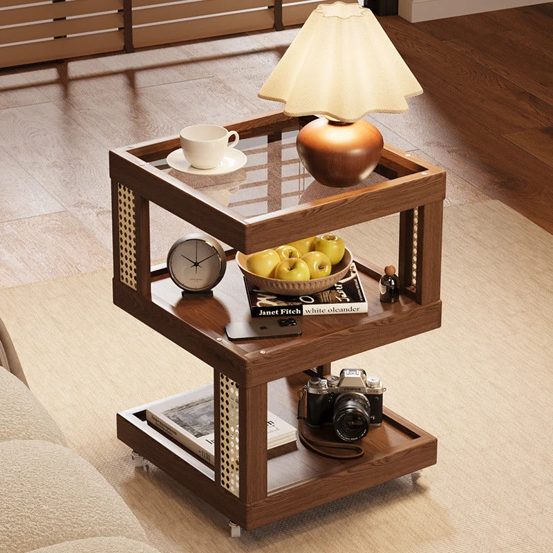 Traditional Vintage Rubberwood Glass Square Mobile End Table With 3-Tier For Living Room