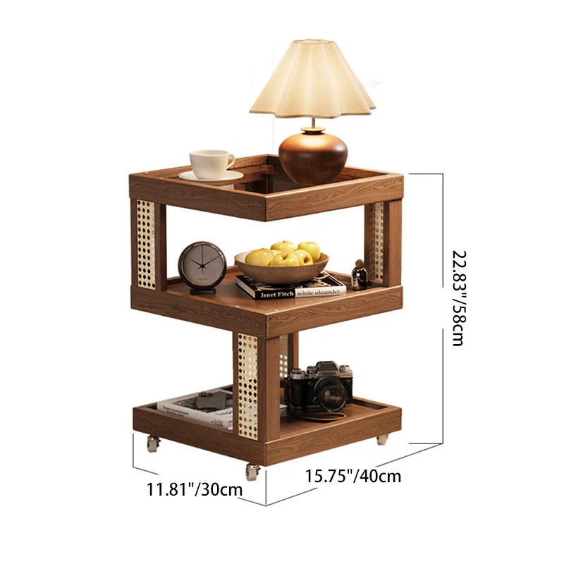 Traditional Vintage Rubberwood Glass Square Mobile End Table With 3-Tier For Living Room