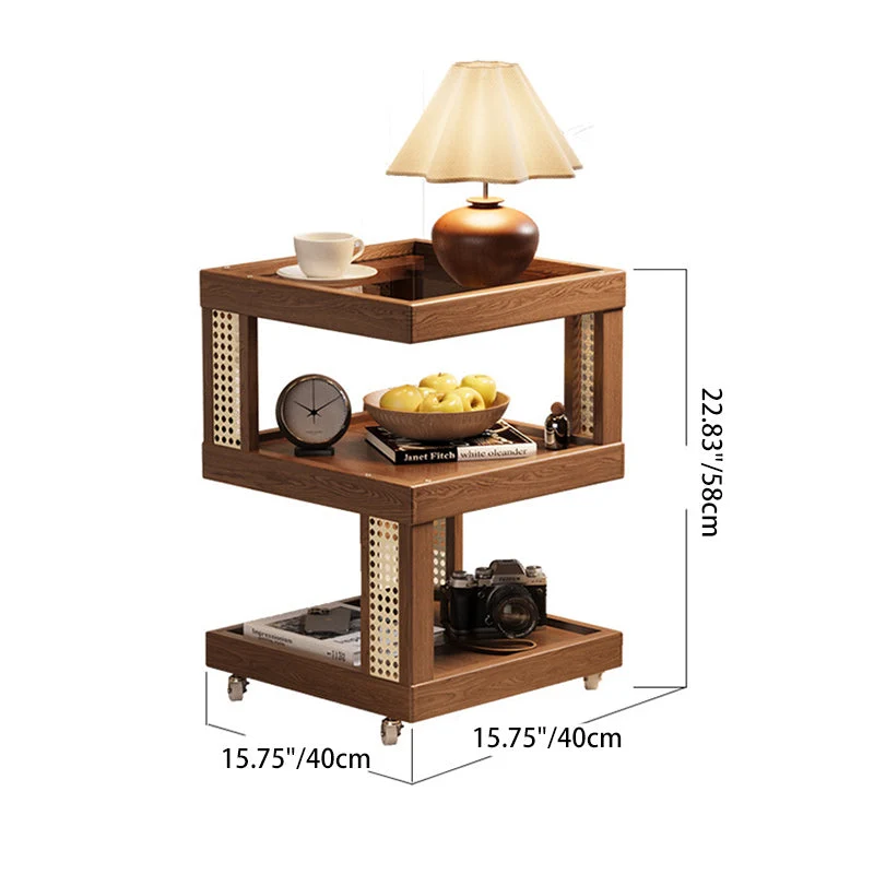 Traditional Vintage Rubberwood Glass Square Mobile End Table With 3-Tier For Living Room
