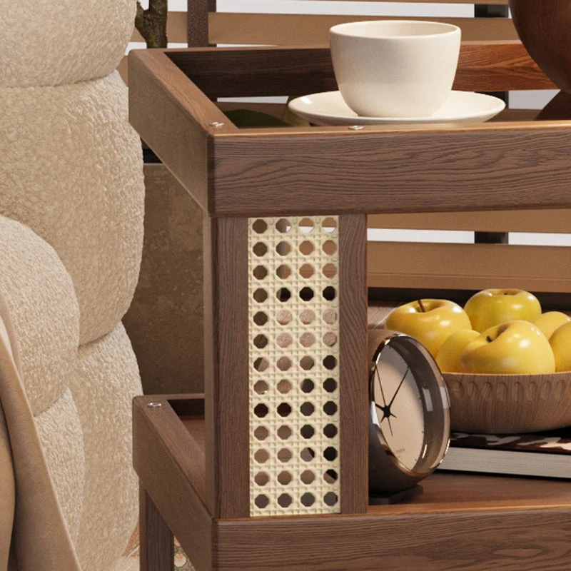 Traditional Vintage Rubberwood Glass Square Mobile End Table With 3-Tier For Living Room