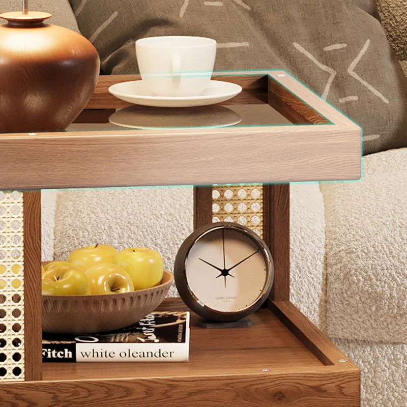Traditional Vintage Rubberwood Glass Square Mobile End Table With 3-Tier For Living Room