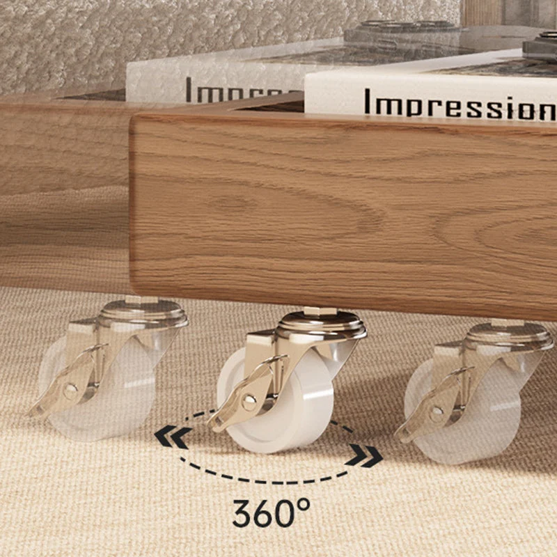 Traditional Vintage Rubberwood Glass Square Mobile End Table With 3-Tier For Living Room