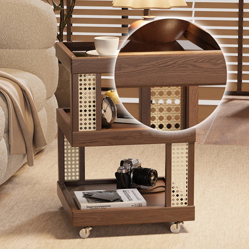 Traditional Vintage Rubberwood Glass Square Mobile End Table With 3-Tier For Living Room