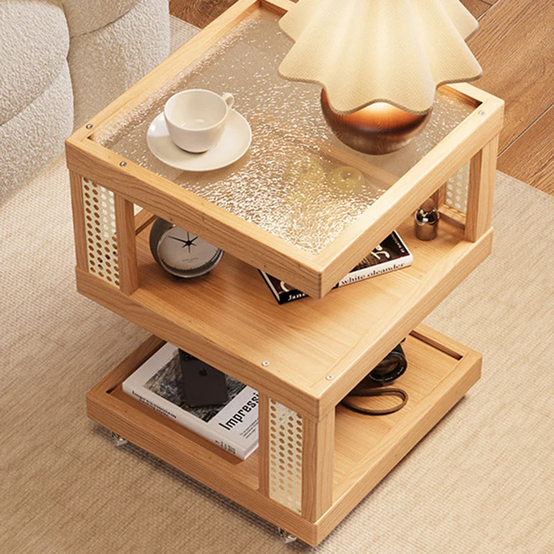 Traditional Vintage Rubberwood Glass Square Mobile End Table With 3-Tier For Living Room