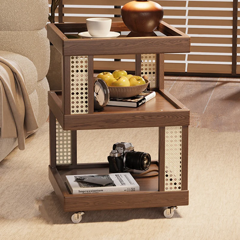 Traditional Vintage Rubberwood Glass Square Mobile End Table With 3-Tier For Living Room
