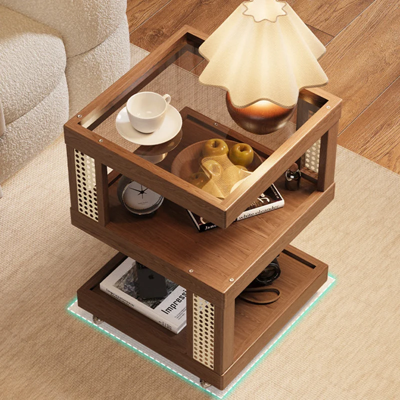 Traditional Vintage Rubberwood Glass Square Mobile End Table With 3-Tier For Living Room
