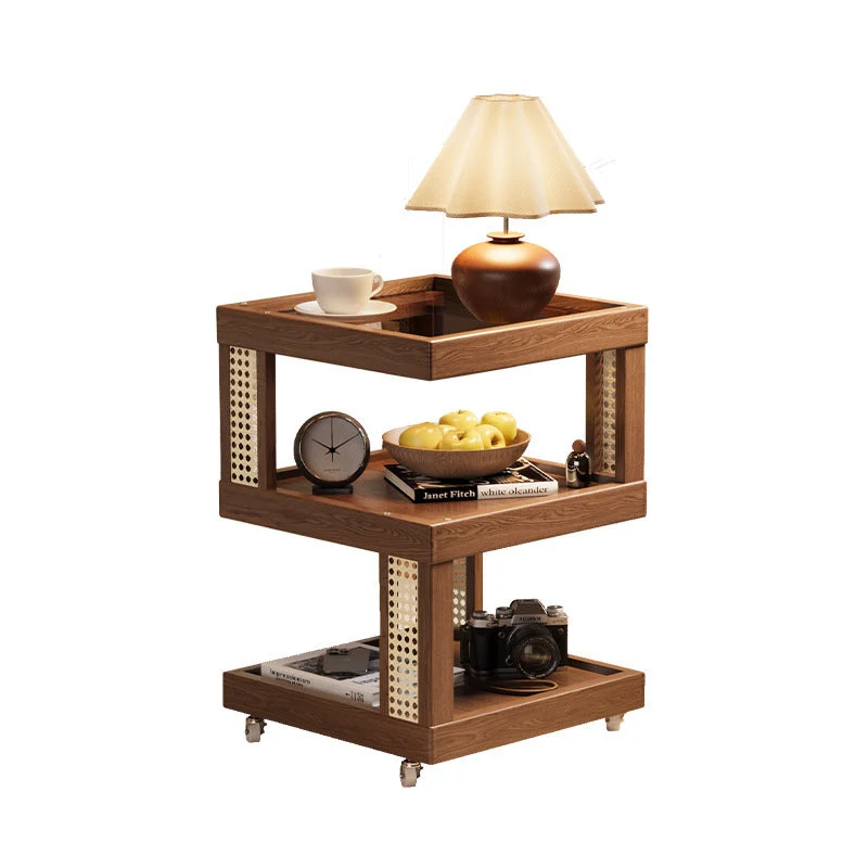 Traditional Vintage Rubberwood Glass Square Mobile End Table With 3-Tier For Living Room