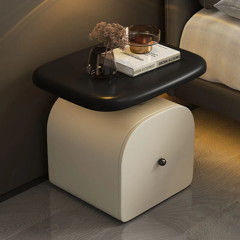 Traditional French Wood Faux Cat-Scratch-Leather Acrylic Curved Square Nightstand 1-Drawer For Bedroom