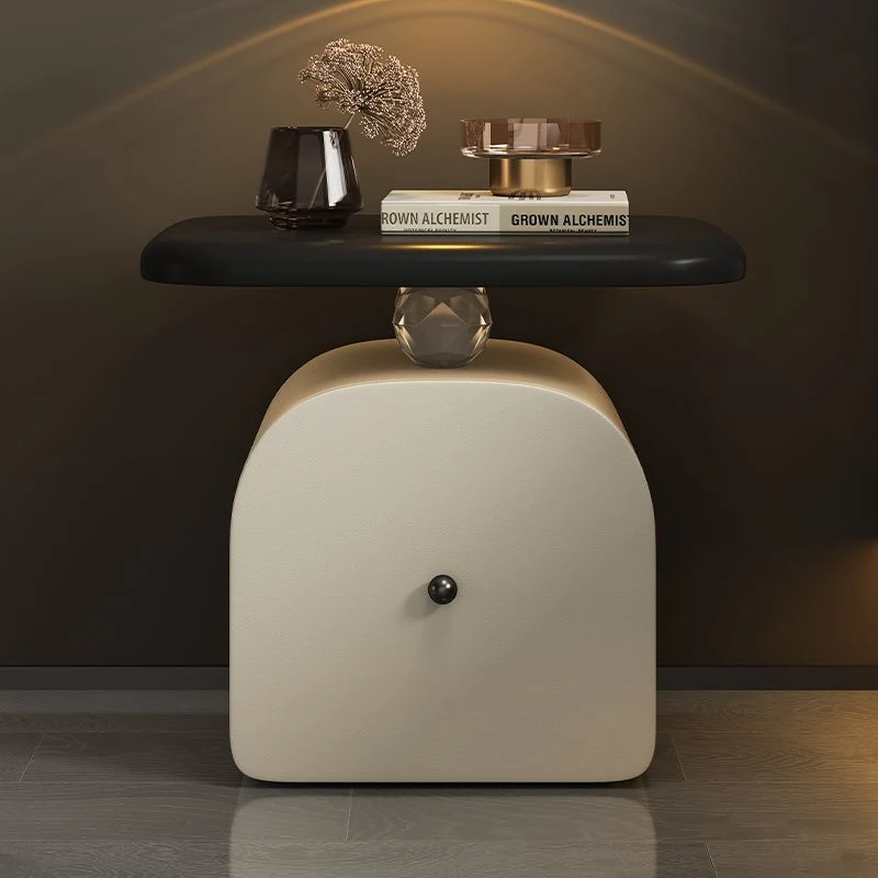 Traditional French Wood Faux Cat-Scratch-Leather Acrylic Curved Square Nightstand 1-Drawer For Bedroom