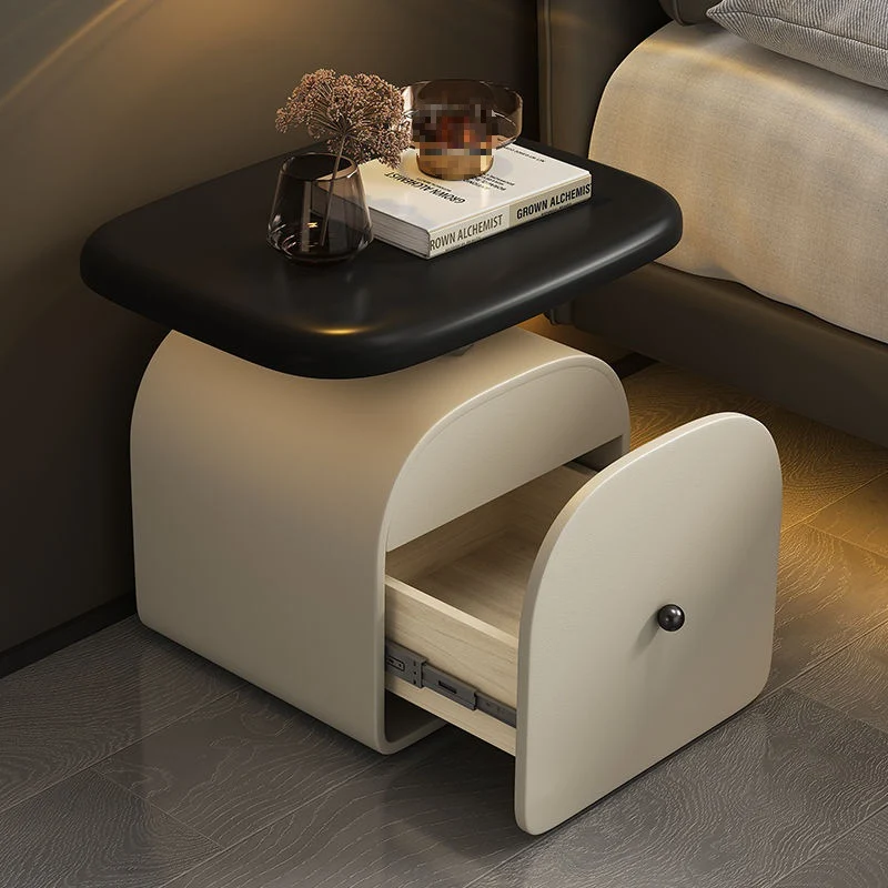 Traditional French Wood Faux Cat-Scratch-Leather Acrylic Curved Square Nightstand 1-Drawer For Bedroom