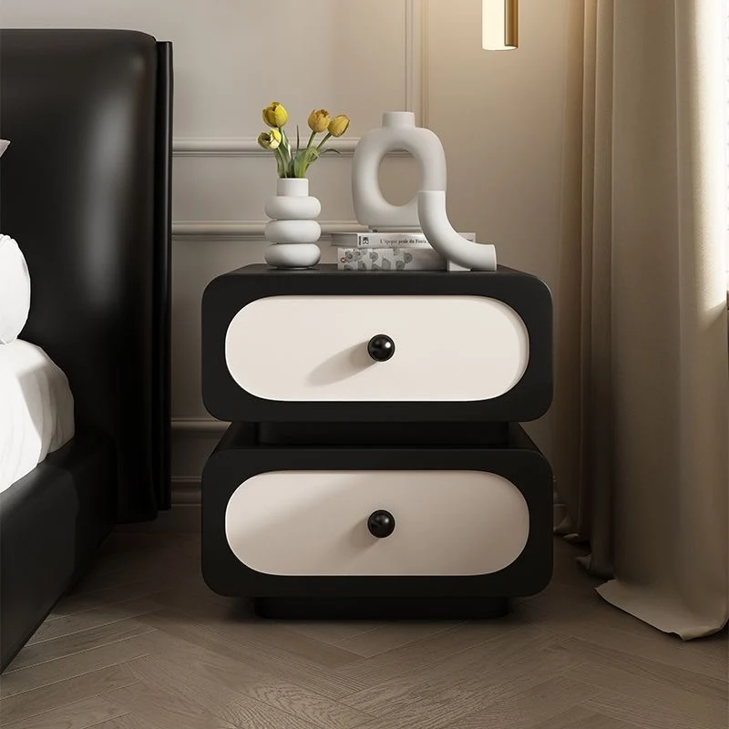 Traditional French Solid Wood Microfiber Leather Rounded Rectangle Nightstand 2-Drawer For Bedroom