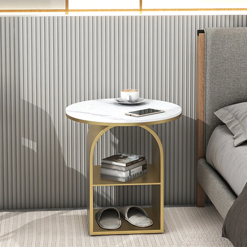 Contemporary Nordic Carbon Steel Sintered Stone Round Arch End Table 3-Tier For Living Room