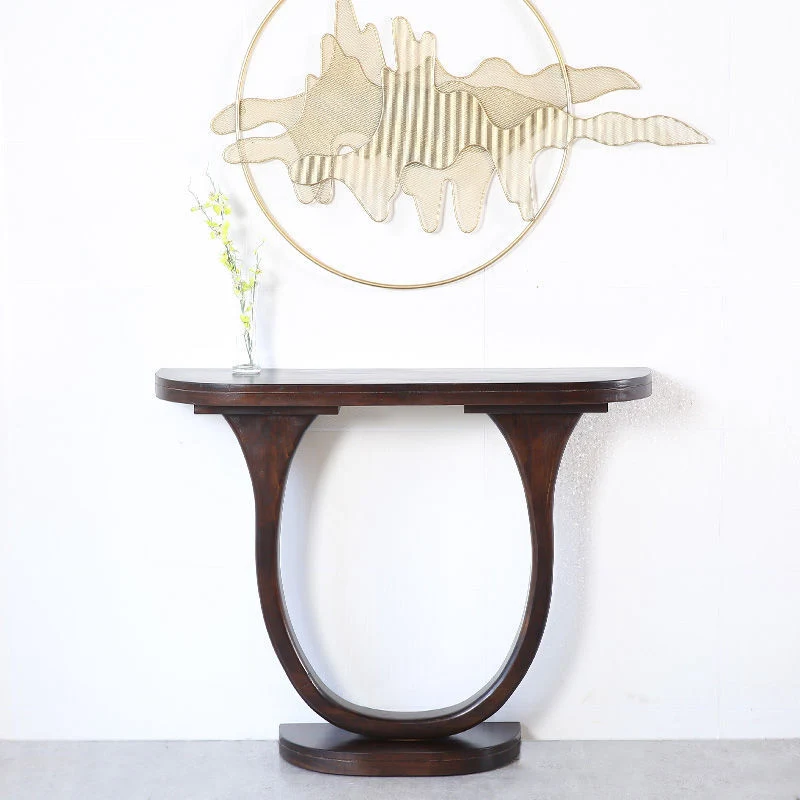 Traditional Chinese Pinewood Semi-Oval Console Side Table 1-Tier For Living Room