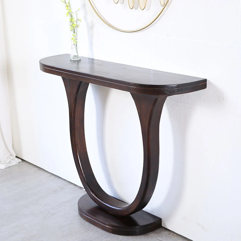 Traditional Chinese Pinewood Semi-Oval Console Side Table 1-Tier For Living Room