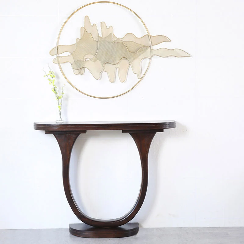 Traditional Chinese Pinewood Semi-Oval Console Side Table 1-Tier For Living Room