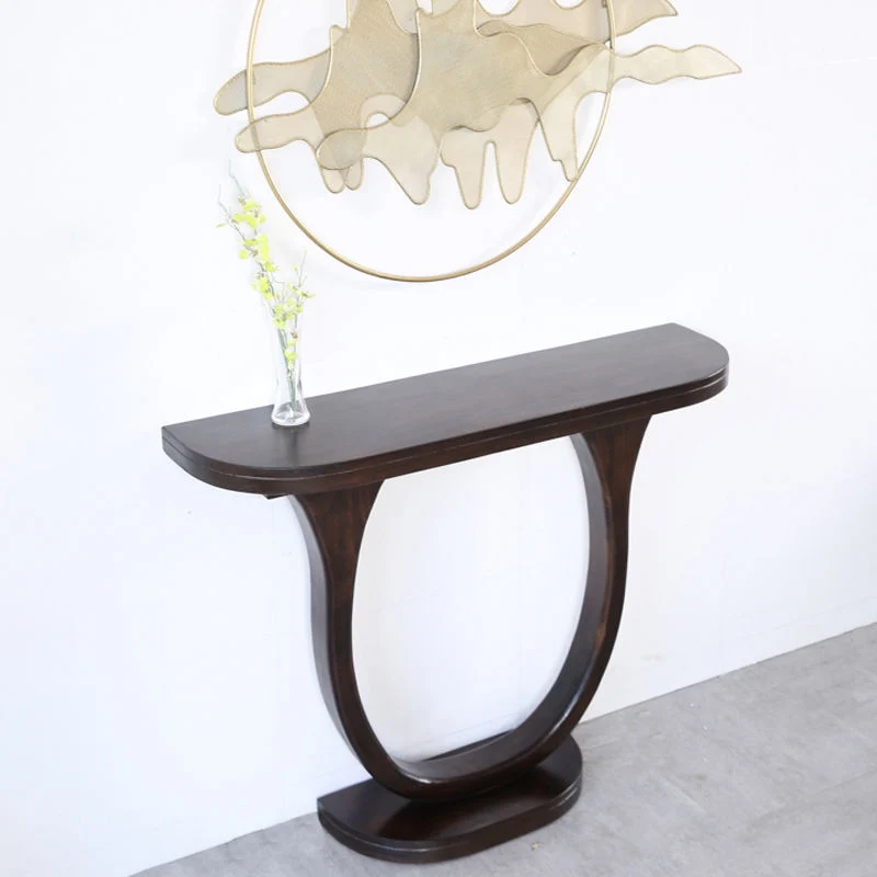 Traditional Chinese Pinewood Semi-Oval Console Side Table 1-Tier For Living Room