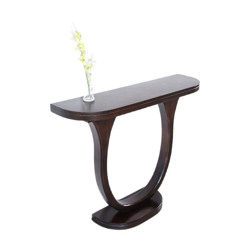 Traditional Chinese Pinewood Semi-Oval Console Side Table 1-Tier For Living Room