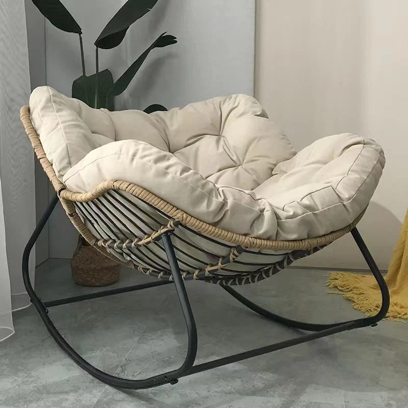 Contemporary Scandinavian Cotton Linen Rattan Carbon Steel Curved Grid Accent Chair With Backrest For Living Room