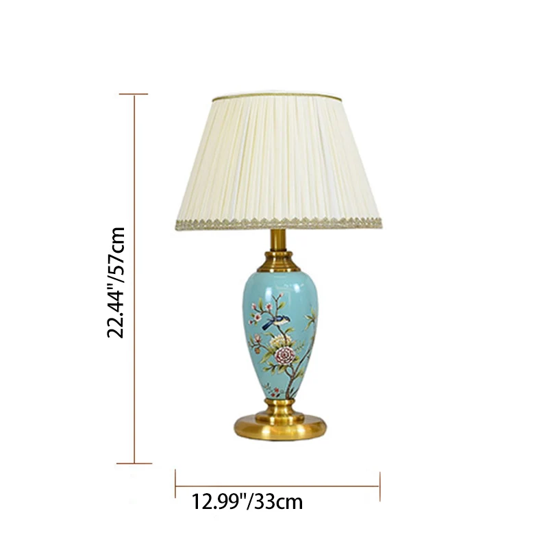 Traditional Chinese Cylindrical Floral And Bird Pattern Metal Ceramic Fabric 1-Light Table Lamp For Bedroom