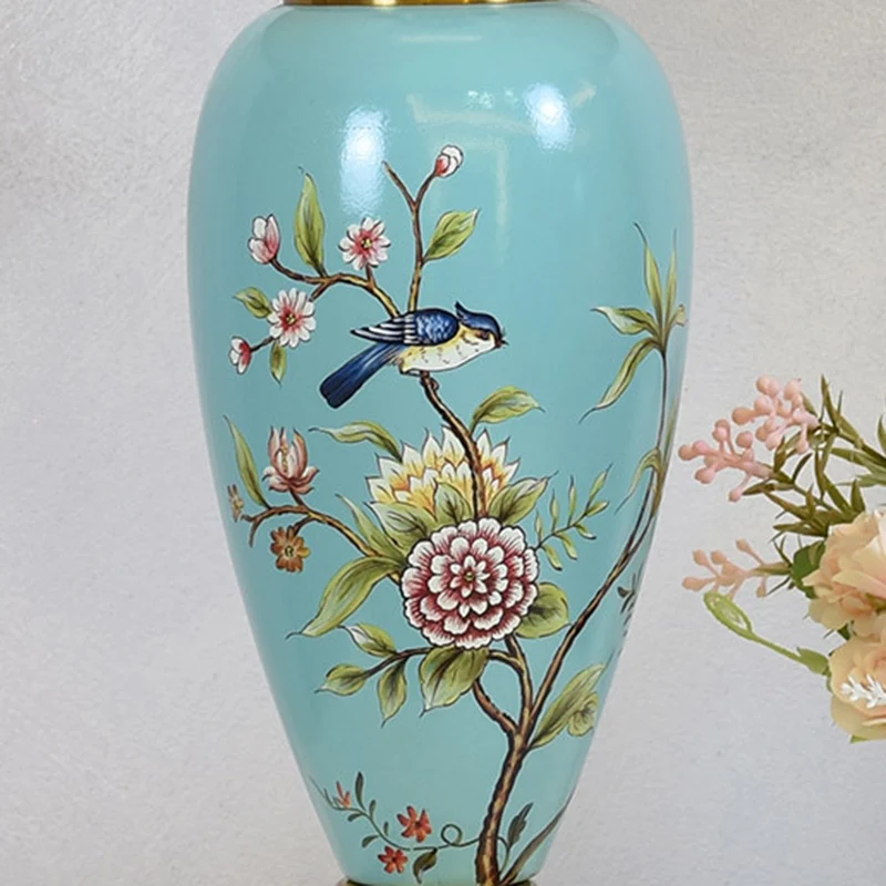 Traditional Chinese Cylindrical Floral And Bird Pattern Metal Ceramic Fabric 1-Light Table Lamp For Bedroom