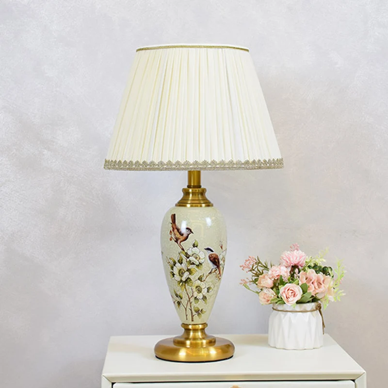Traditional Chinese Cylindrical Floral And Bird Pattern Metal Ceramic Fabric 1-Light Table Lamp For Bedroom
