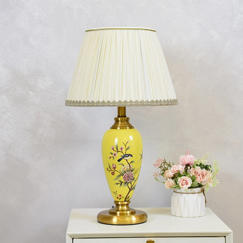 Traditional Chinese Cylindrical Floral And Bird Pattern Metal Ceramic Fabric 1-Light Table Lamp For Bedroom