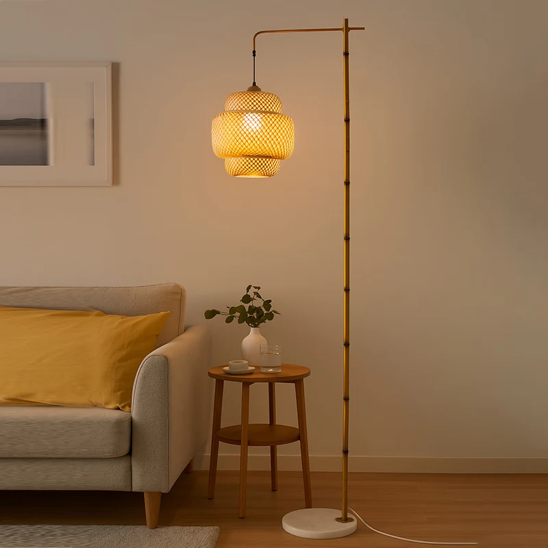 Traditional Rustic Lantern Metal Marble Bamboo Weaving 1-Light Standing Floor Lamp For Bedroom