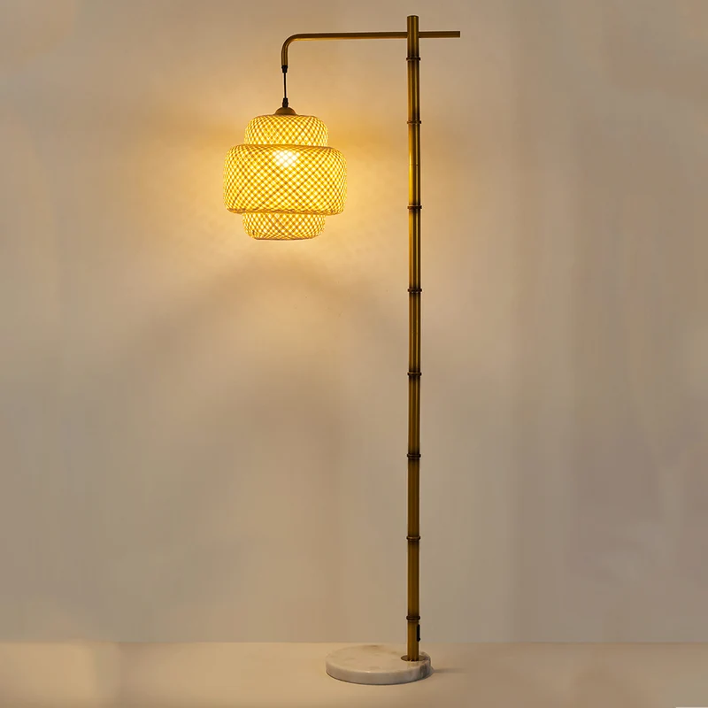 Traditional Rustic Lantern Metal Marble Bamboo Weaving 1-Light Standing Floor Lamp For Bedroom