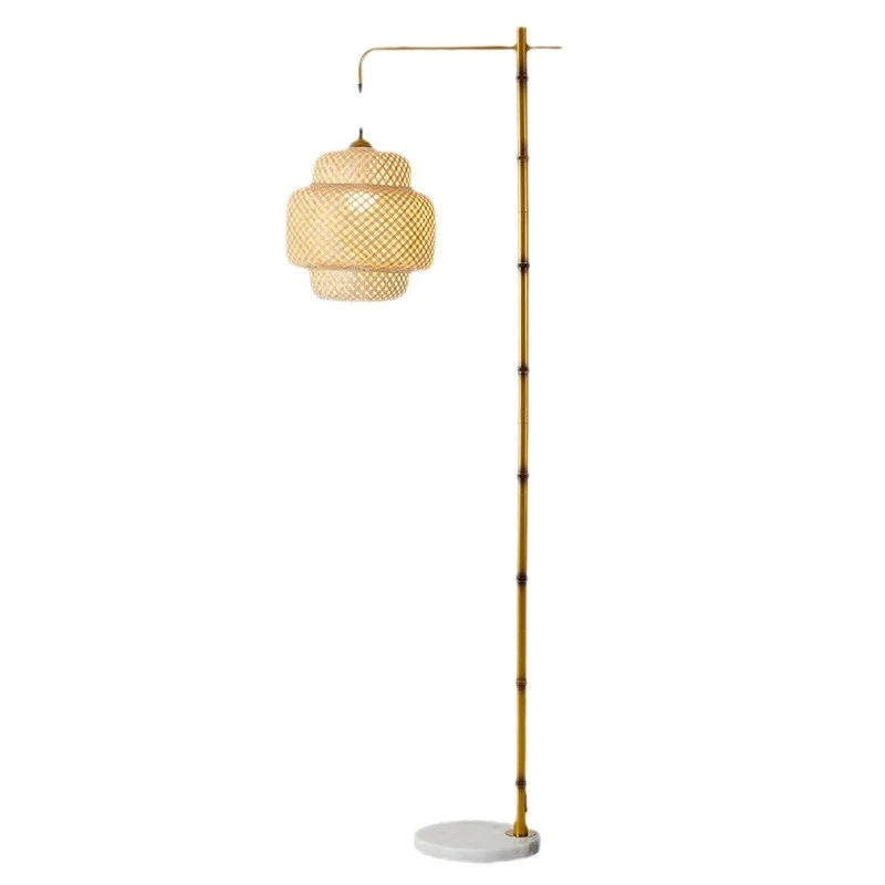 Traditional Rustic Lantern Metal Marble Bamboo Weaving 1-Light Standing Floor Lamp For Bedroom