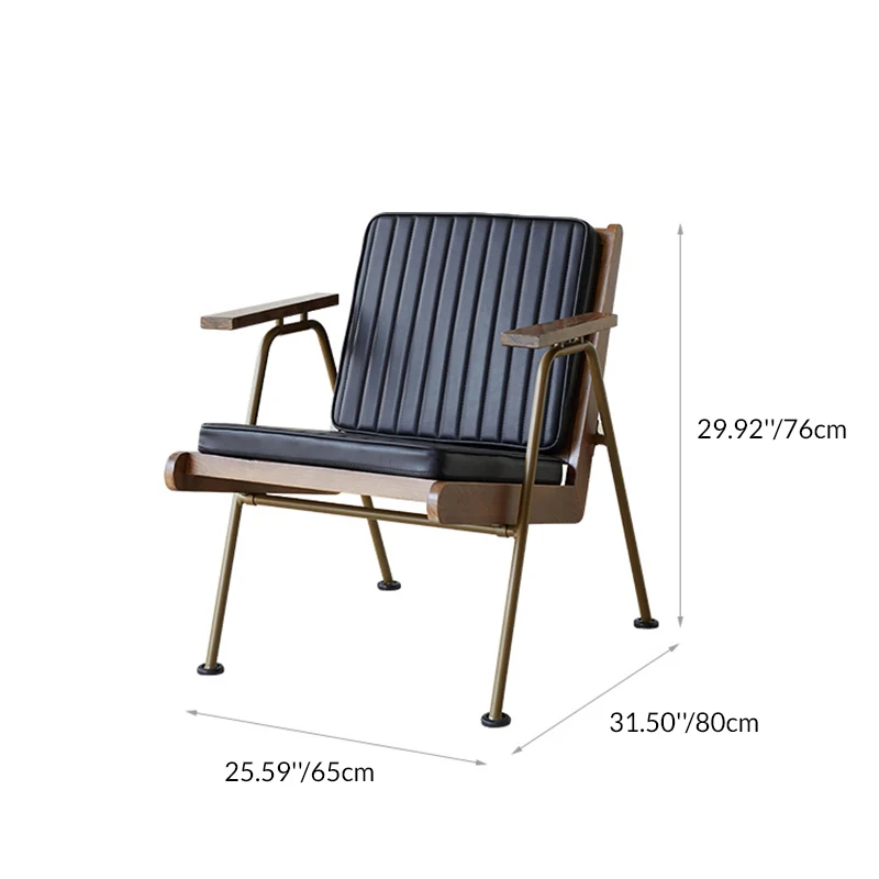 Contemporary Industrial Rectangular Iron Ash Wood Faux Oil Wax Leather Sponge Accent Chair Backrest Armrest For Living Room
