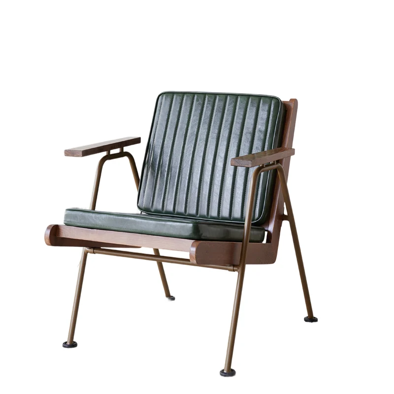 Contemporary Industrial Rectangular Iron Ash Wood Faux Oil Wax Leather Sponge Accent Chair Backrest Armrest For Living Room