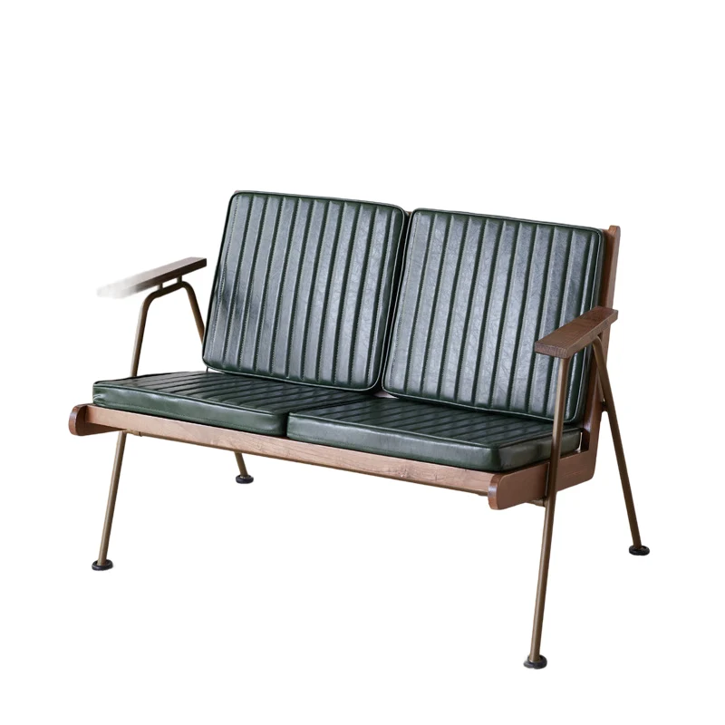 Contemporary Industrial Rectangular Iron Ash Wood Faux Oil Wax Leather Sponge Accent Chair Backrest Armrest For Living Room