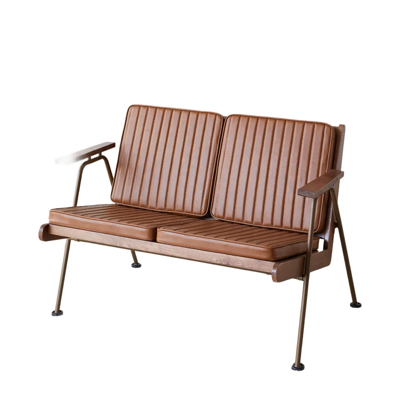 Contemporary Industrial Rectangular Iron Ash Wood Faux Oil Wax Leather Sponge Accent Chair Backrest Armrest For Living Room