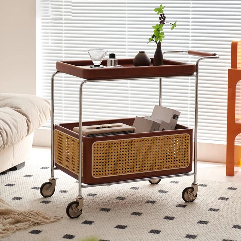 Traditional Rustic Rectangular Rubberwood Plywood Stainless Steel Movable End Table 2-Tier For Living Room