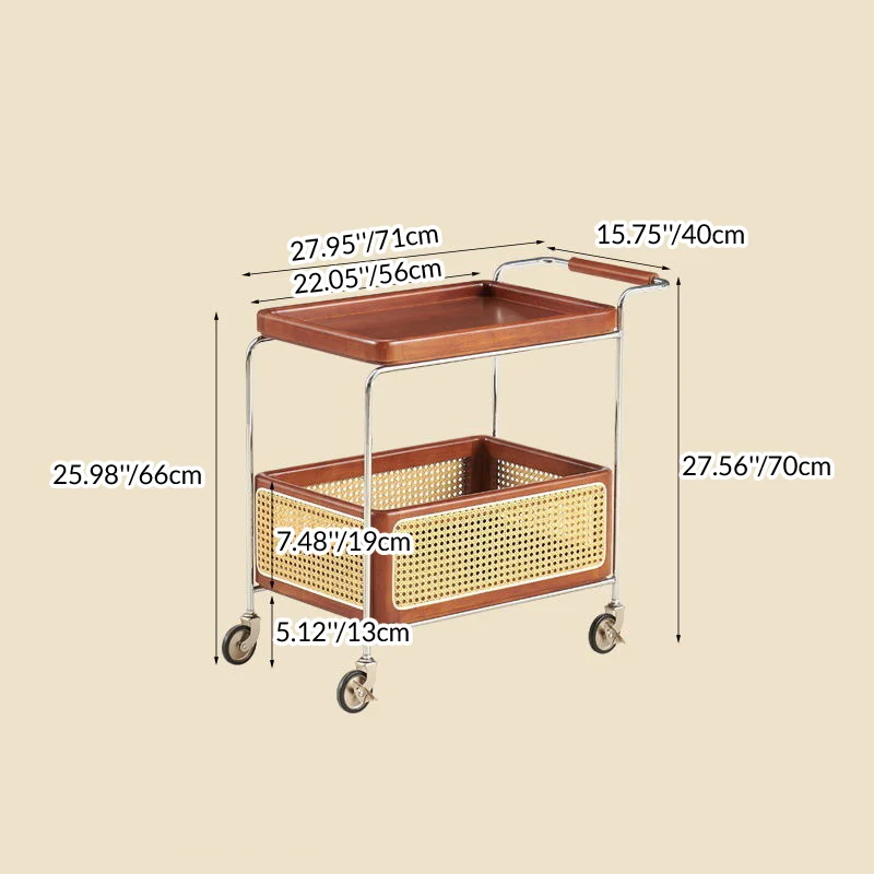 Traditional Rustic Rectangular Rubberwood Plywood Stainless Steel Movable End Table 2-Tier For Living Room