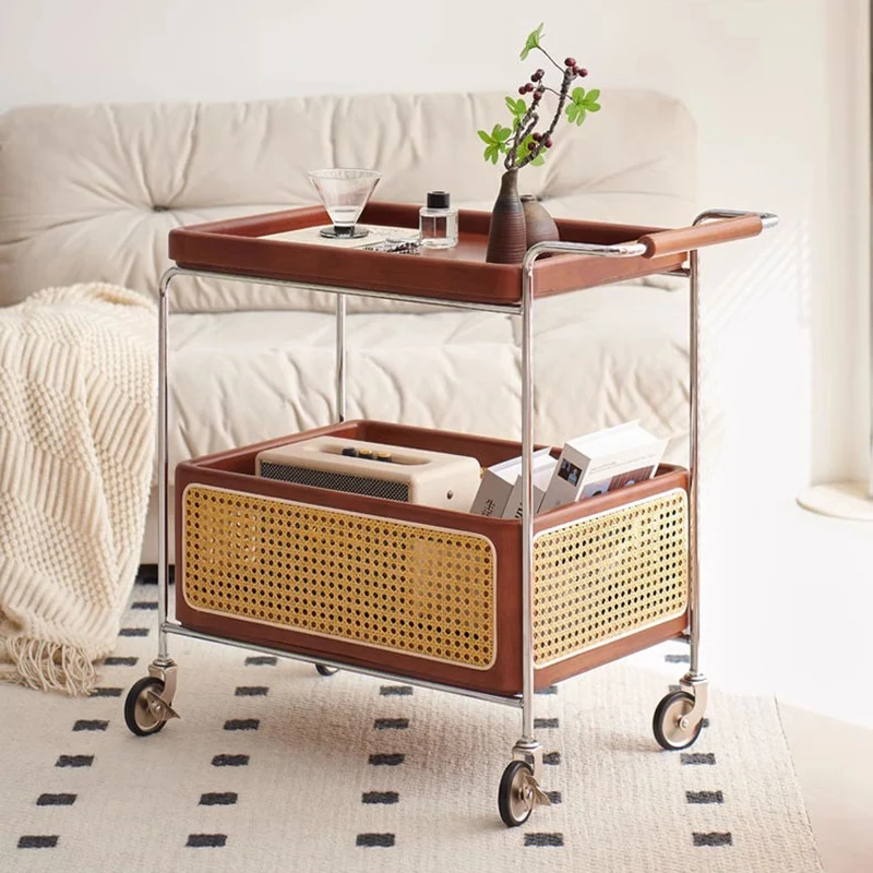 Traditional Rustic Rectangular Rubberwood Plywood Stainless Steel Movable End Table 2-Tier For Living Room