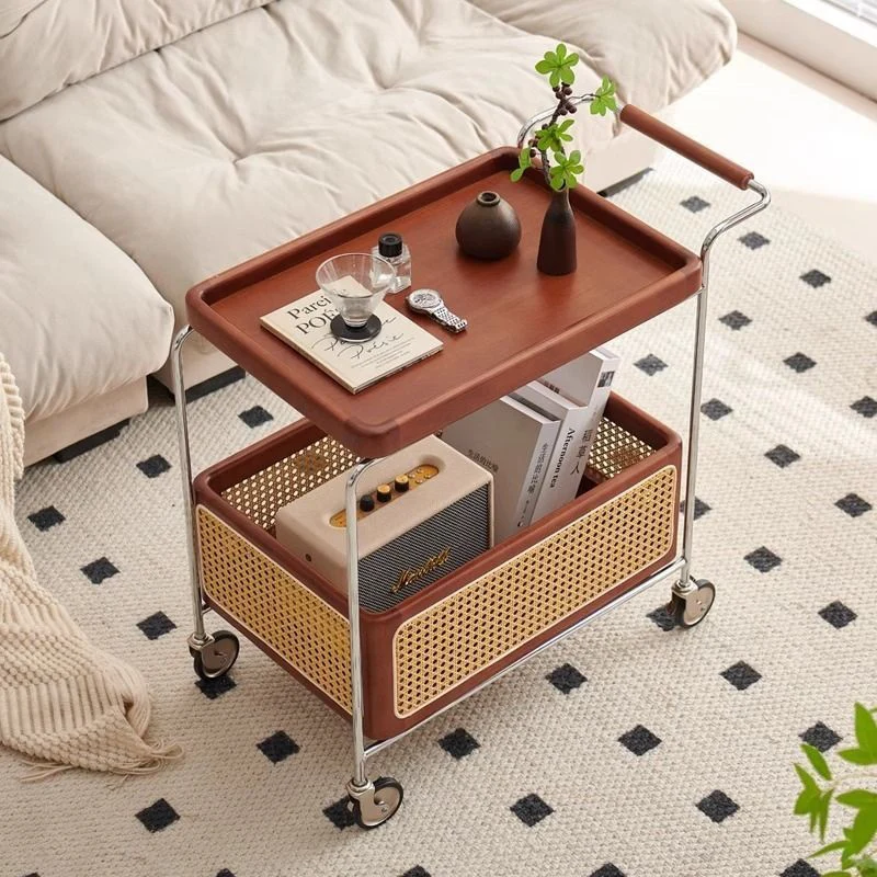 Traditional Rustic Rectangular Rubberwood Plywood Stainless Steel Movable End Table 2-Tier For Living Room
