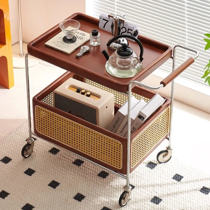Traditional Rustic Rectangular Rubberwood Plywood Stainless Steel Movable End Table 2-Tier For Living Room