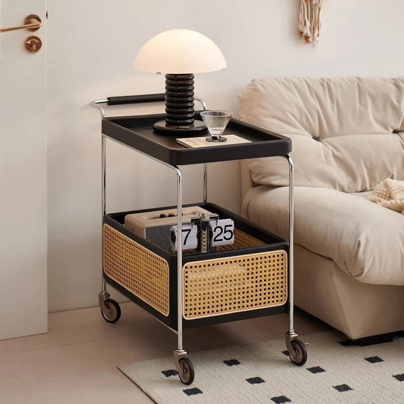 Traditional Rustic Rectangular Rubberwood Plywood Stainless Steel Movable End Table 2-Tier For Living Room
